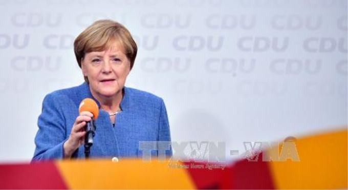 Lãnh đạo CDU, đương kim Thủ tướng Đức Angela Merkel tại buổi lễ sau bầu cử ở Berlin ngày 24/9. Ảnh: AFP/ TTXVN